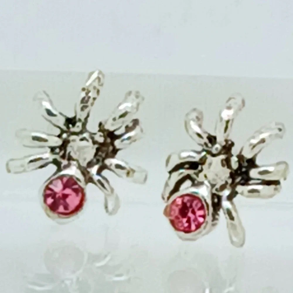 925 Sterling Silver Pink Rhinestone Spider Stud Earrings Arachnid Jewelry
